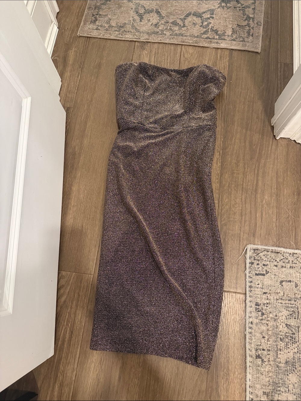BHLDN Dress the Population Strapless Iridescent GOLD Glitter Bodycon Midi Dress